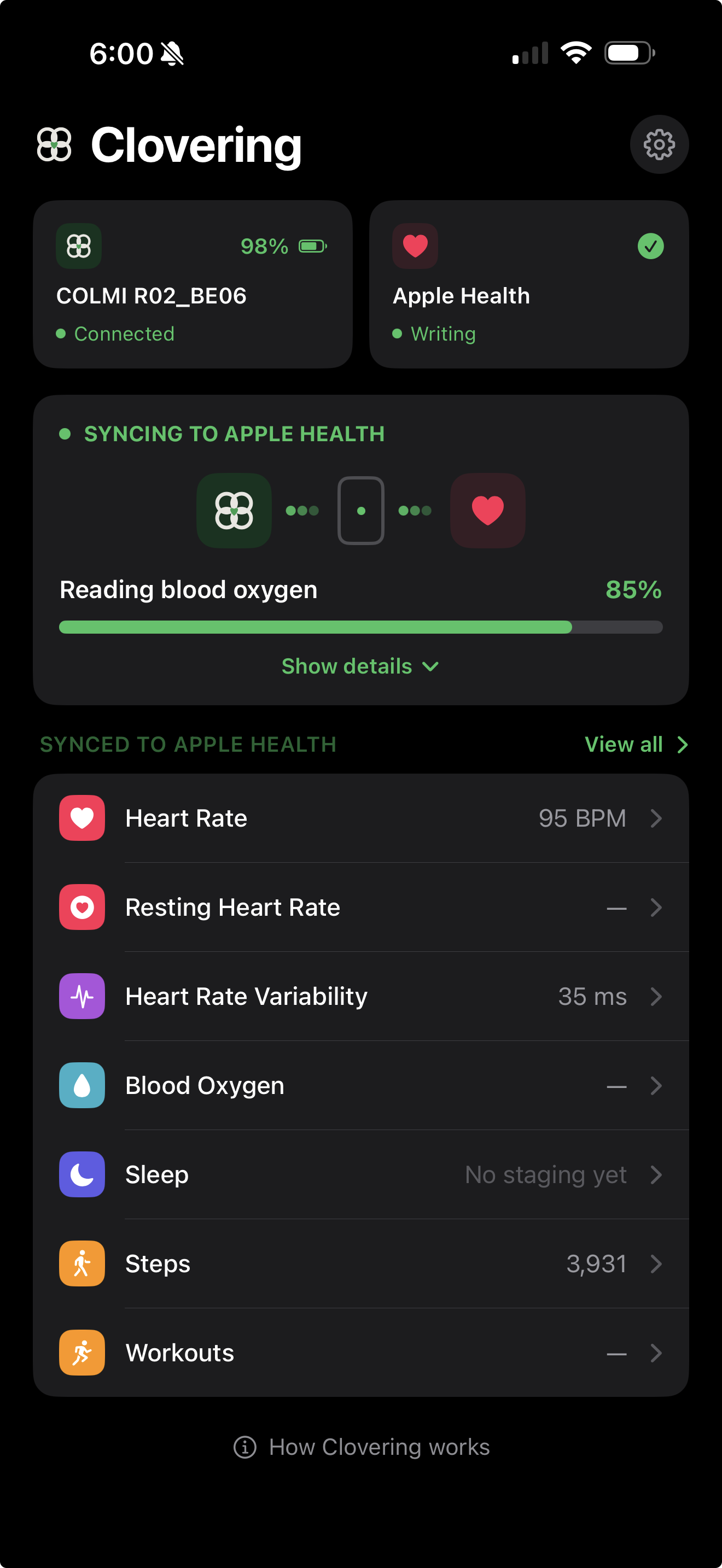 Clovering dashboard showing today's metrics synced from a COLMI ring