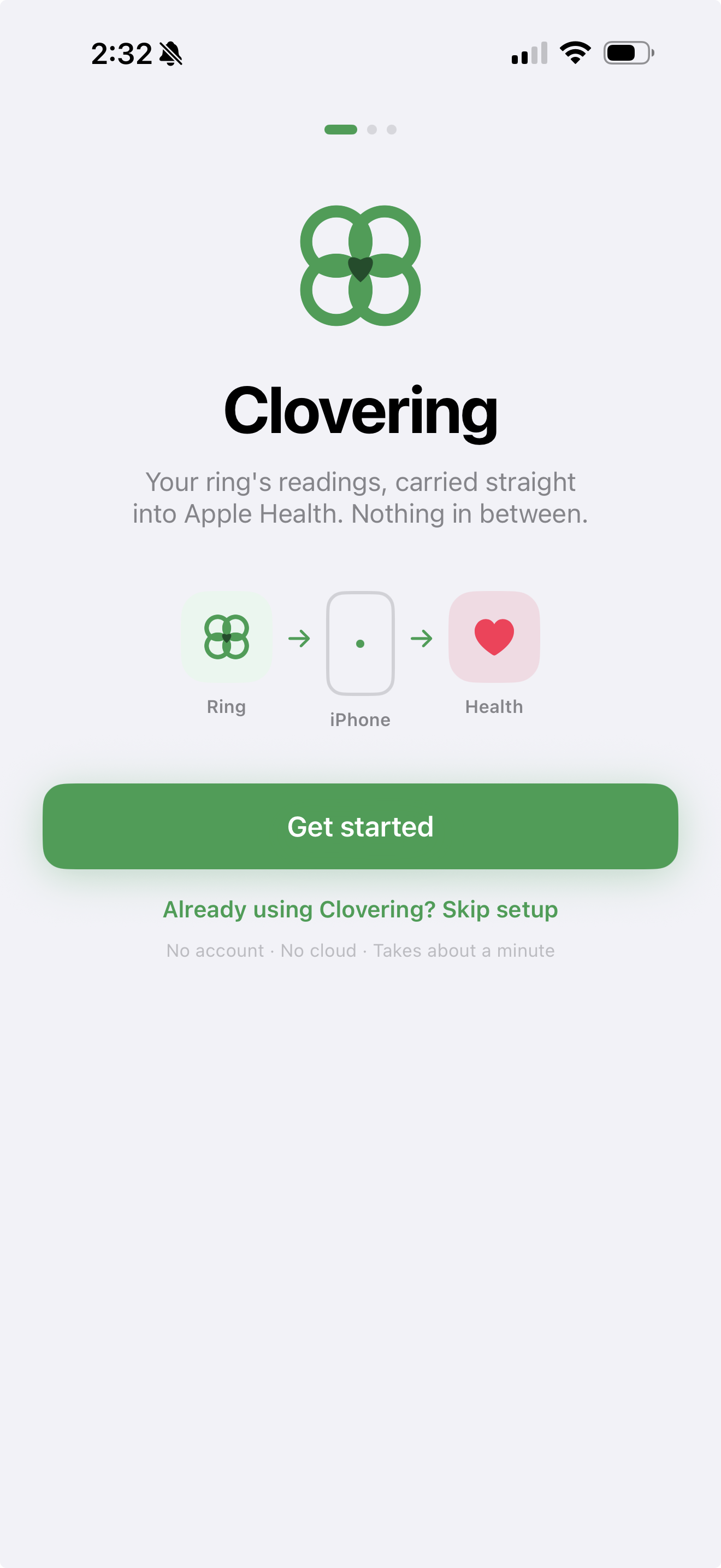 Clovering welcome screen shown when you first open the app
